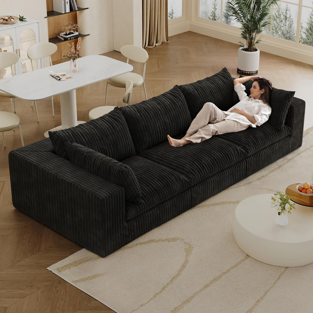 118.2" Cloud Sofa,Corduroy Fabric,Deep Seat Couches,Double Layer Design,Removable Cushion,No Assembly, DIY Combination for Living Room, Bedroom,Conference Room,Apartment,Black