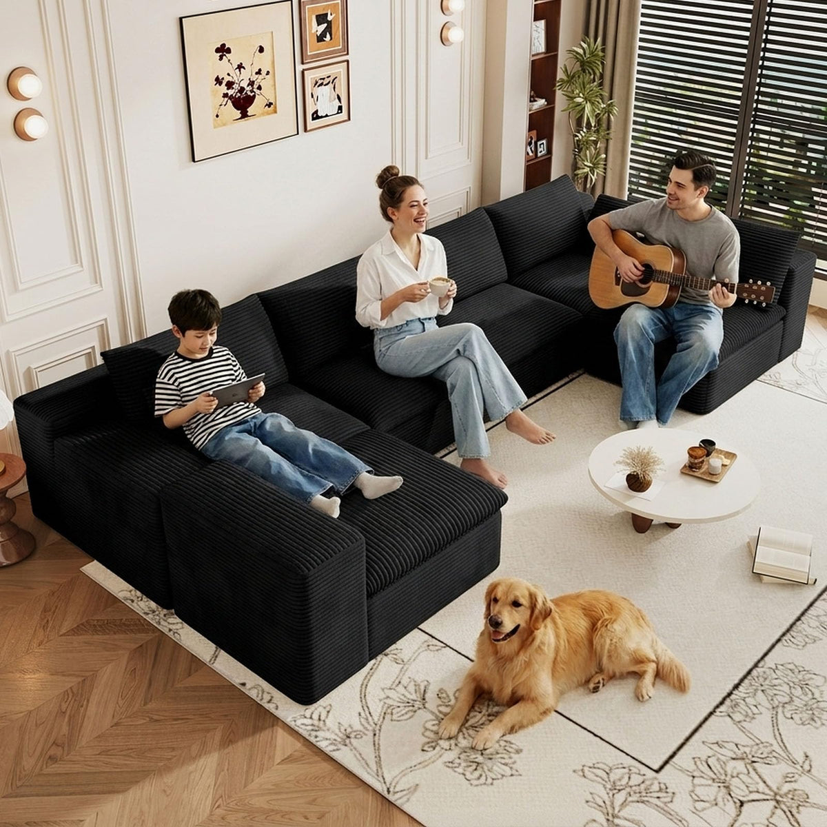 107" Cloud Couch Modular Sectional Couchs with Chaise Lounge, U-Shape Boneless Couches with Ottoman for Living Room, Corduroy Sofa with Deep Seat, No Assembly Required (Green, Left Facing Chaise)