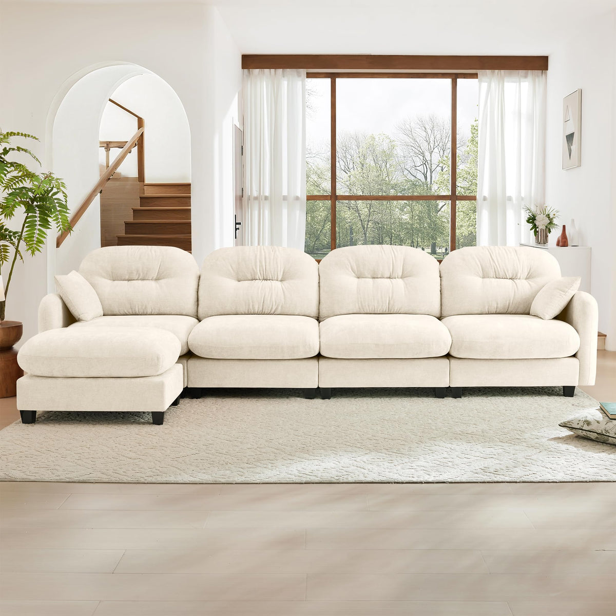 Tidyard Modular L-Shaped Sectional Couch with Ottoman, Soft Chenille Fabric, Ergonomic Design, Tufted Backrest, Easy Assembly, Fits Living Room, Bedroom, Beige