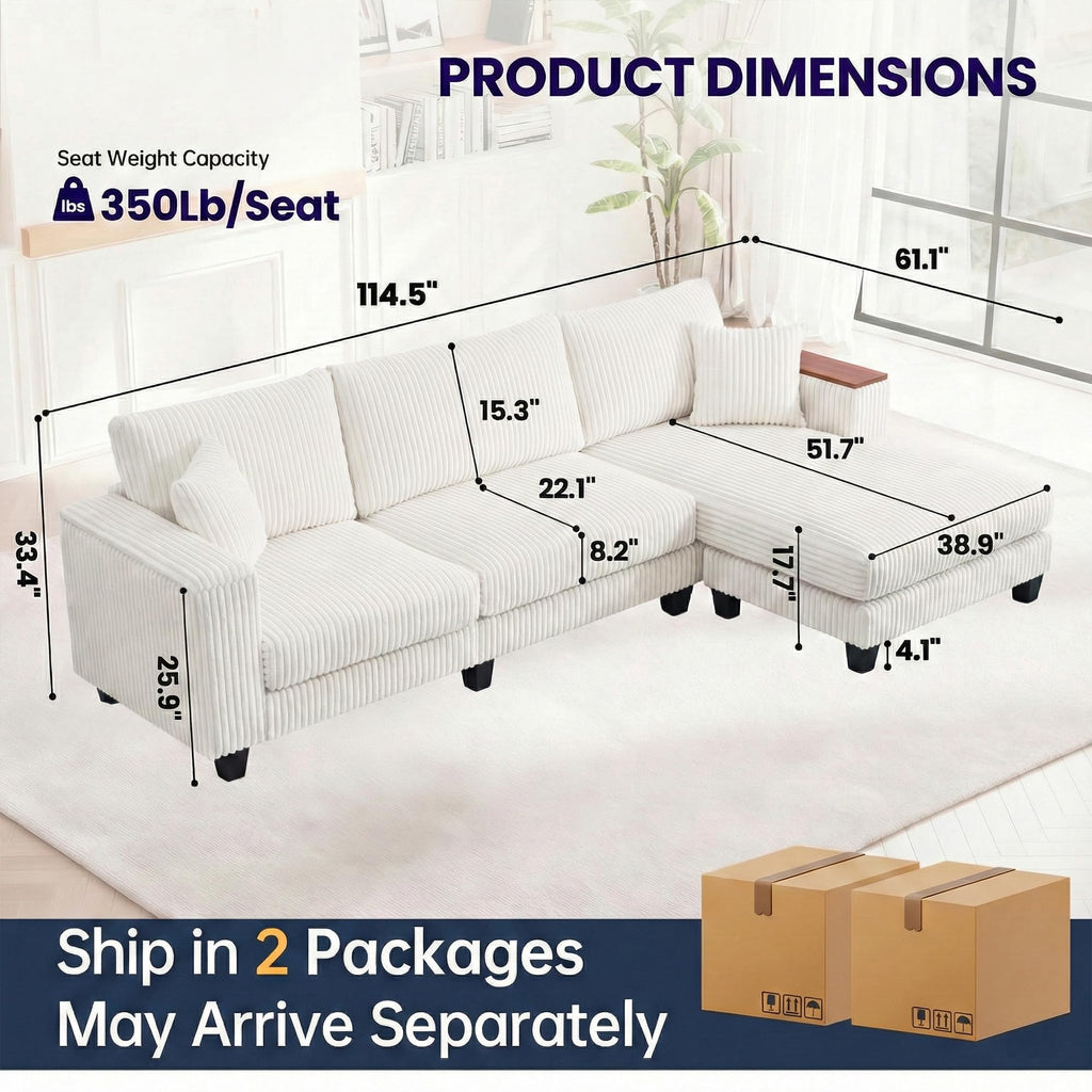114" Cloud Sectional Couch with L-Shape Reversible Chaise, Modern Corduroy L Shaped Couch with 2 Pillows & Storage Armrests, 4 Seater Sectional Couches for Living Room, Plush Corduroy, White