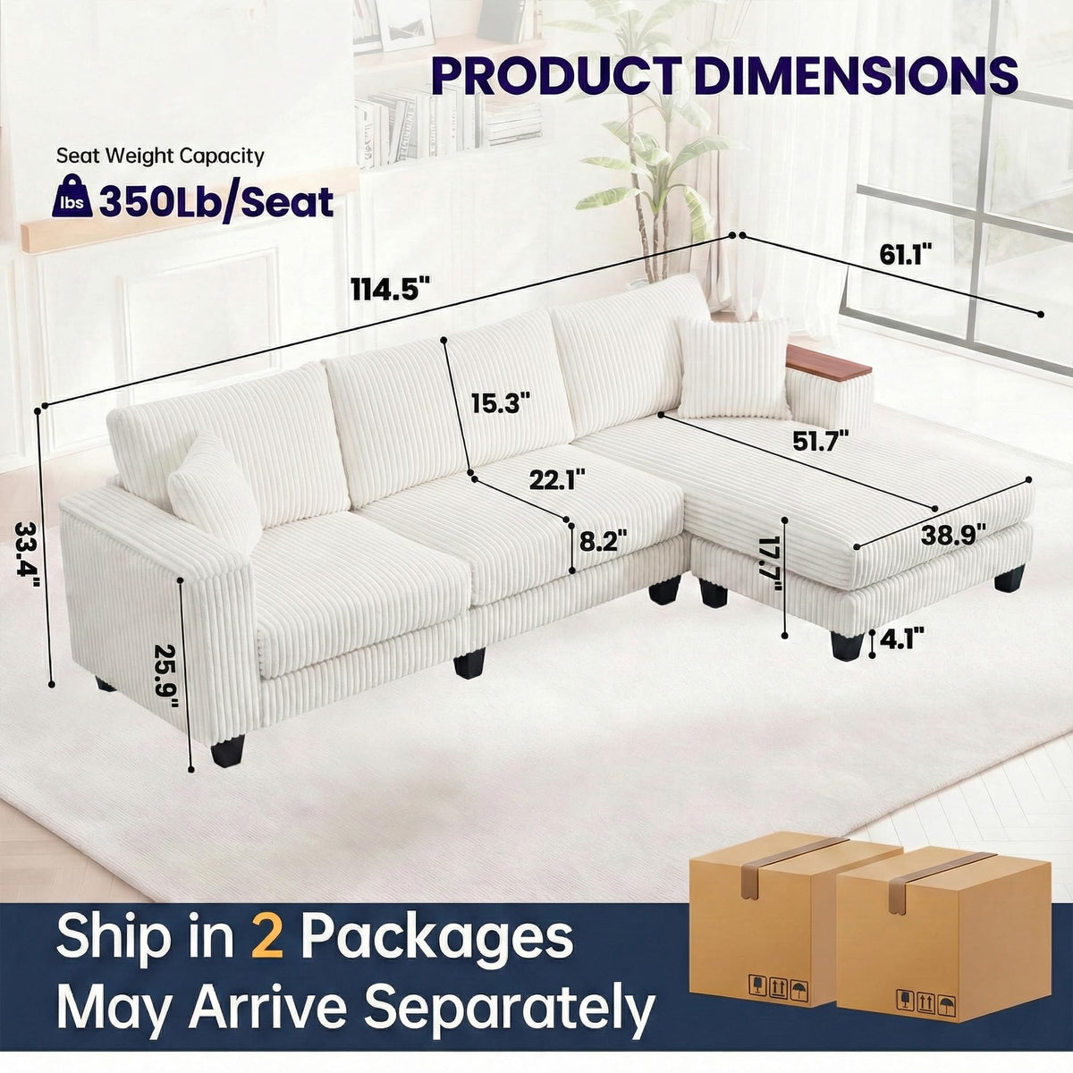 114" Cloud Sectional Couch with L-Shape Reversible Chaise, Modern Corduroy L Shaped Couch with 2 Pillows & Storage Armrests, 4 Seater Sectional Couches for Living Room, Plush Corduroy, White