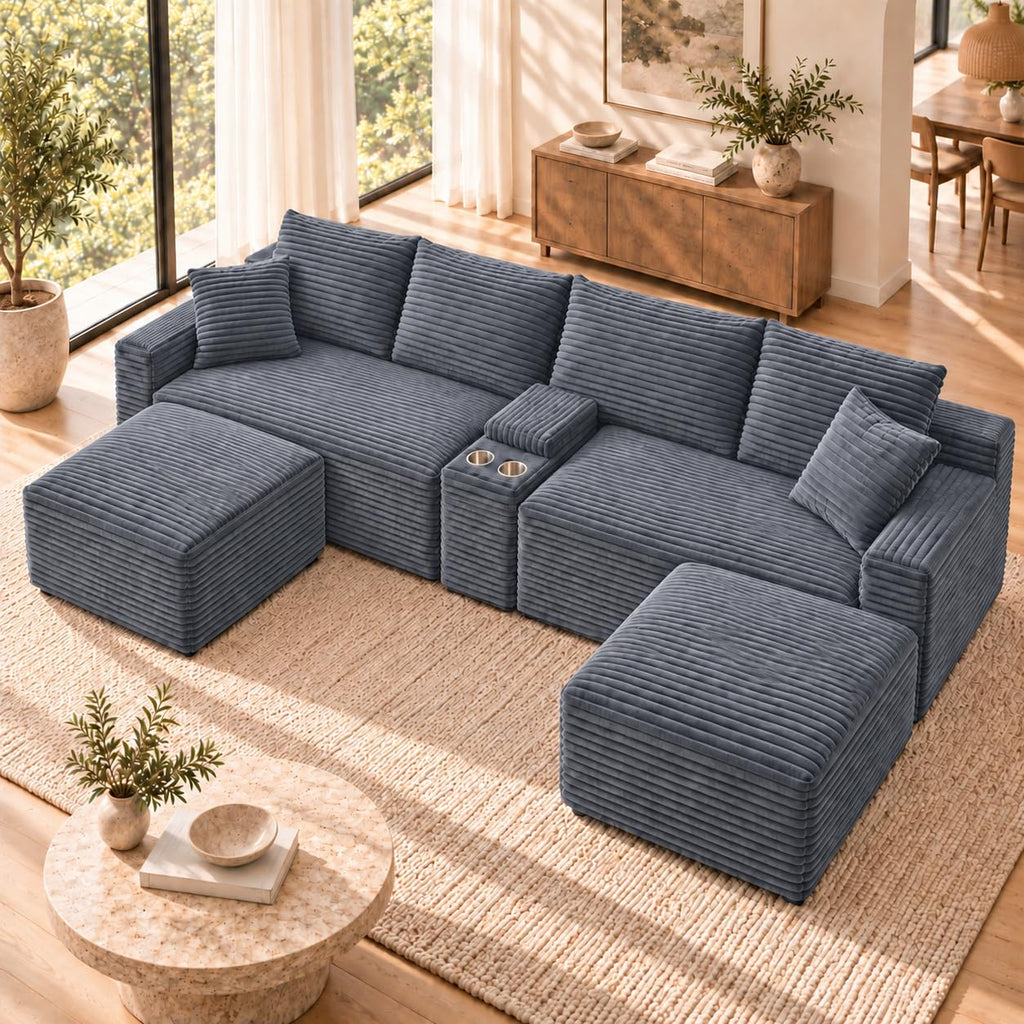 127" Cloud Modular Sectional Sofa, U Shaped Boneless Couch,Grey