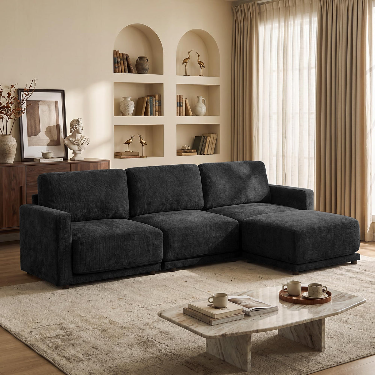 110.6" Modular Sectional Sofa with Ottoman, Upholstered L Shaped Sectional Couch with Thick Cushions, Oversized Chenille Comfy 4 Seater Sofas for Living Room, Easy Assembly, White