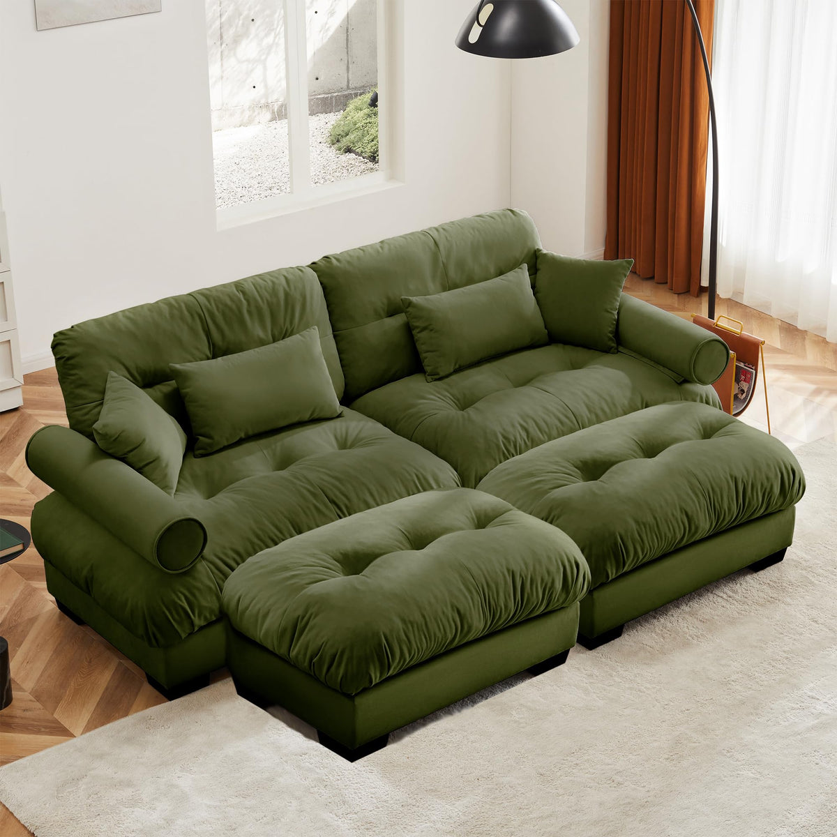 130" Modular Sectional Sofa,Velvet Upholstered Couches for Living Room,3 Seater Green Sofa Couch with Movable Ottoman,Big Comfy Loveseat Sofa with Deep Seats for Living Room,Apartment,Bedroom