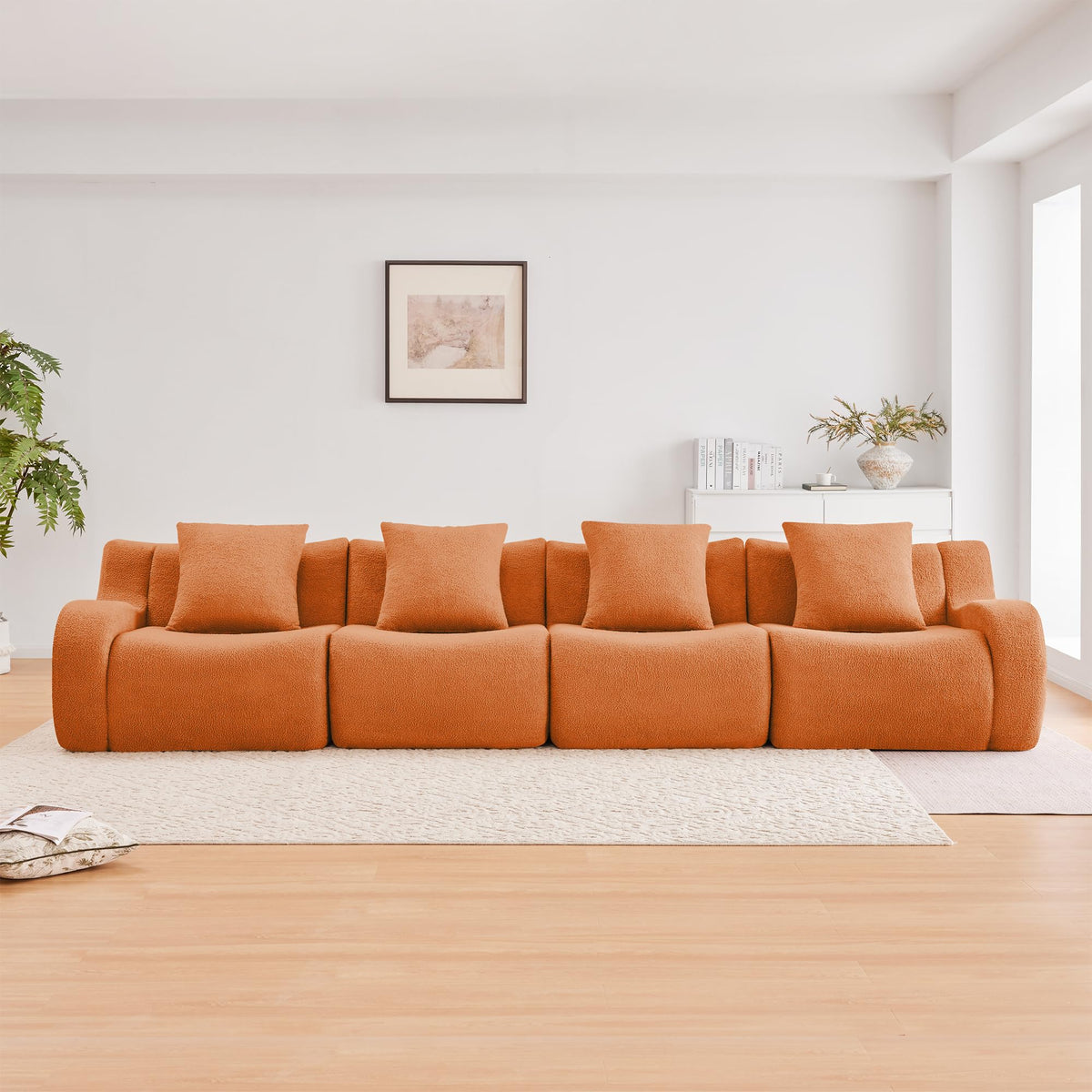 Tidyard 4-Seat Boneless Sofa in Orange, Teddy Fabric, No Assembly Needed, Curved Armrests, Anti-Slip Base, 32D High-Density Sponge, for Living Room or Study