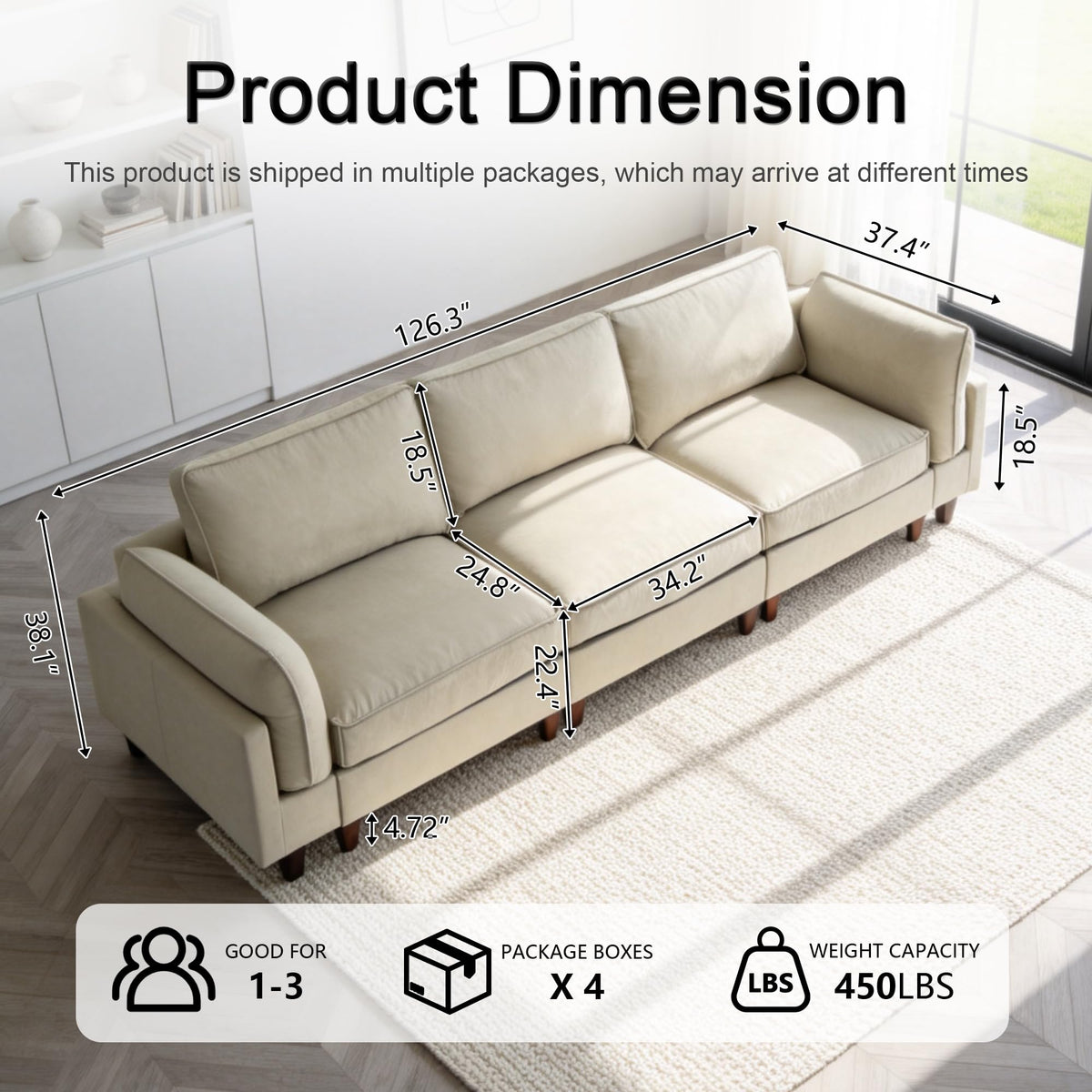 126.3" Oversized L Shaped Sectional Couches for Living Room, 4-Seat Modular Sectional Sofa Set Leather Cloud Couch, Modern Beige Extra Large Deep Seat Couch with Removable Ottoman