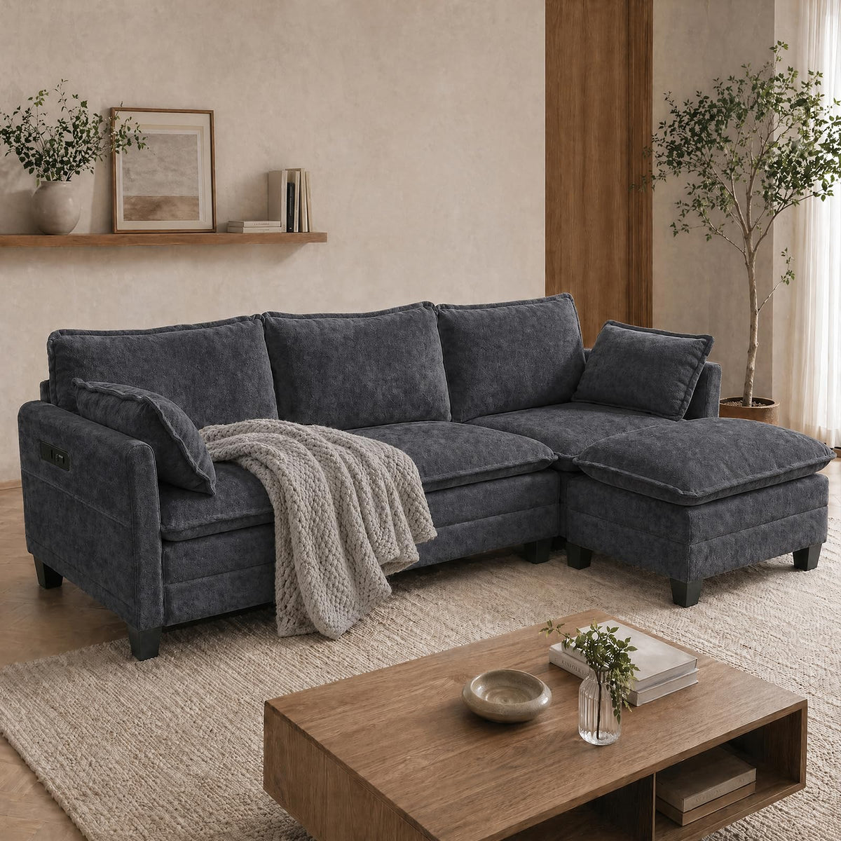 108" Modular Sectional Sofa Cloud Couch - U Shape Sofa with Charging Station Side Storage - Chenille Comfy Couches with Ottoman Movable for Living Room Bedroom Apartment Office, Black