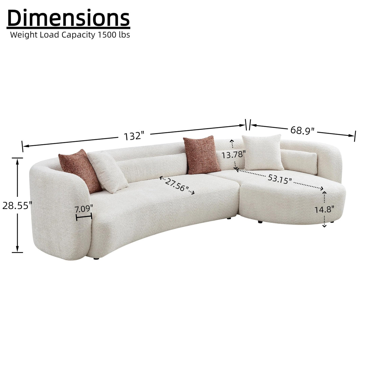 132" Luxury Curved Boucle Sofa, Light Beige L-Shaped Sectional Couch