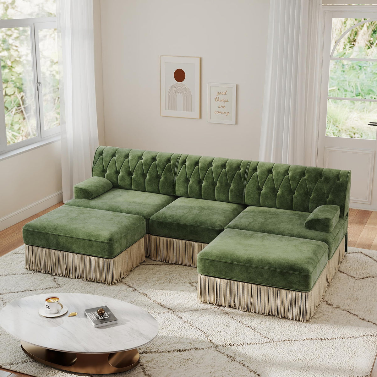 Unique Chesterfield Style Modular Sectional Sofa, 135.6” L-shaped Boneless Sofa with Velvet Fabric, Floor-grazing Tassel Fringe Skirt and Button Tufted Design for Living Room, Easy to Assemble, Beige