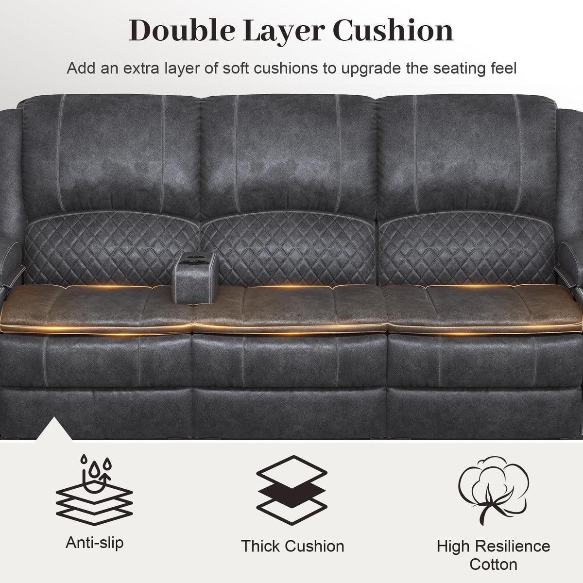 Yolsali Velvet Fabric Recliner Sofa, 3 Seater Manual Reclining Sofa with Multi-Function Middle Seat, Reclining Couches for Living Room with Removable Console, Hidden Storage Space, Cup Holders - Grey