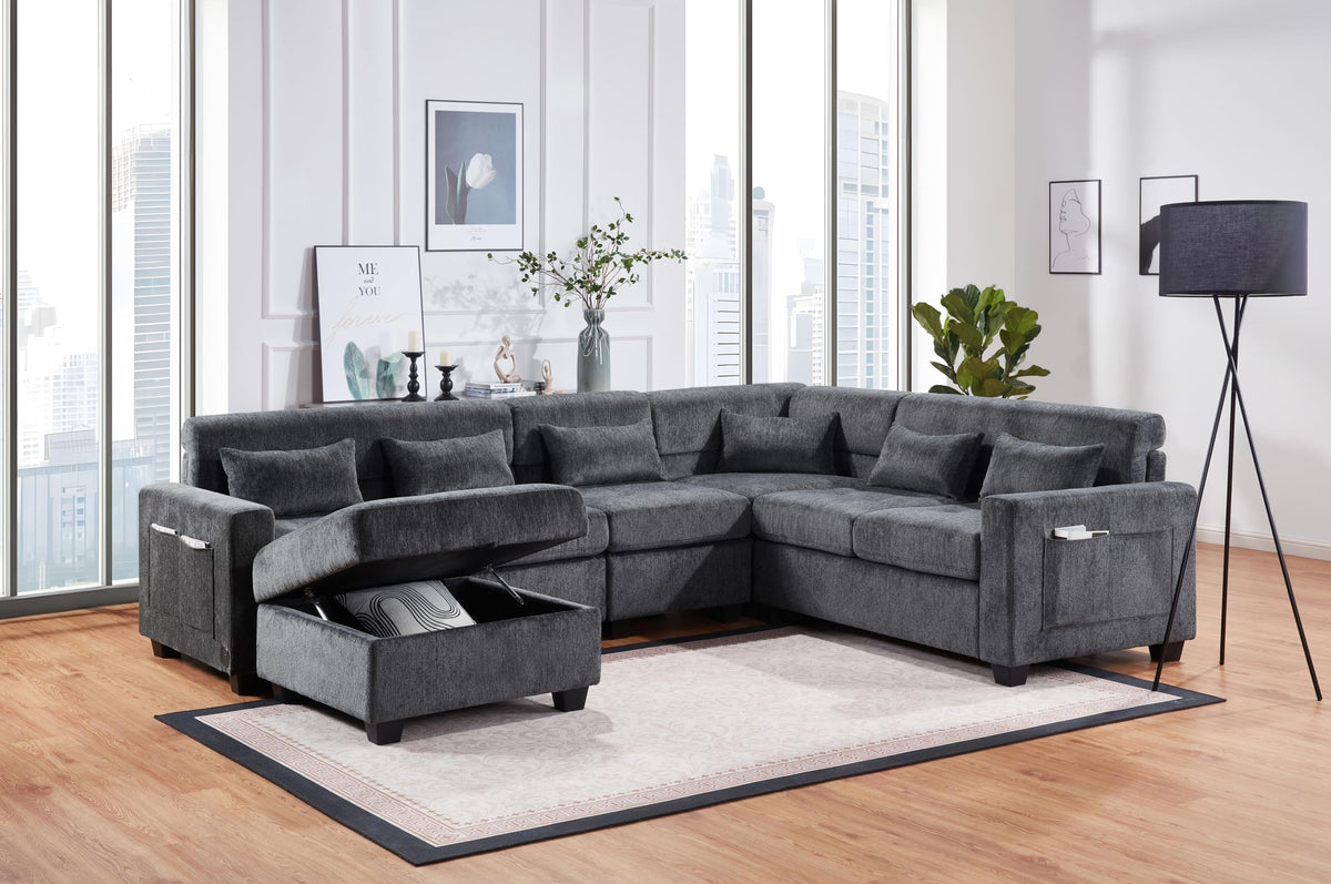 Trey Gray Chenille Sectional Sofa with Adjustable Backrest, USB Charging Ports, Storage Ottoman, and Throw Pillows for Modern Living Room