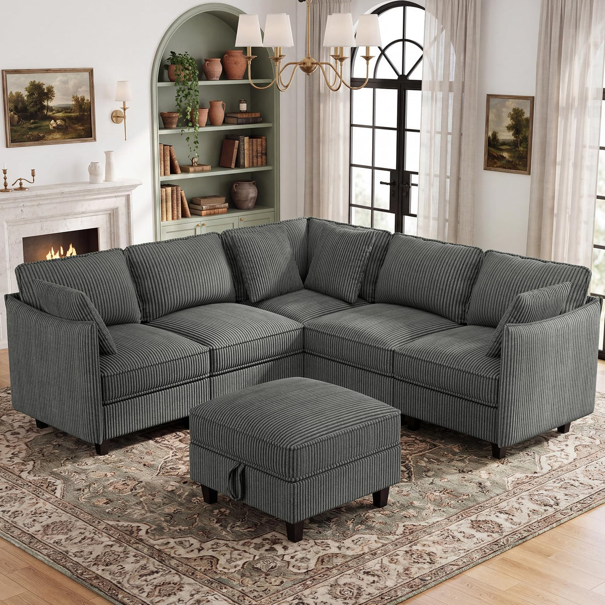 WorthFurni 84.8" Modular Sectional Sofa, 6 Seater Corner Sofa Modern V-Shaped Couch with 1 Storage Ottoman, Comfortable Corduroy Sofa with Throw Pillows for Living Room, Apartment, Green