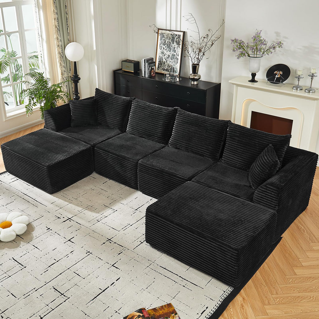 U Shaped Modular Sectional Couches for Living Room, 130" Cloud Modular Sectional Sofa Chaise, Fluffy Corduroy Couch with Deep Seat for Bedroom, No Assembly Required,Black