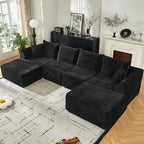 U Shaped Modular Sectional Couches for Living Room, 130" Cloud Modular Sectional Sofa Chaise, Fluffy Corduroy Couch with Deep Seat for Bedroom, No Assembly Required,Black