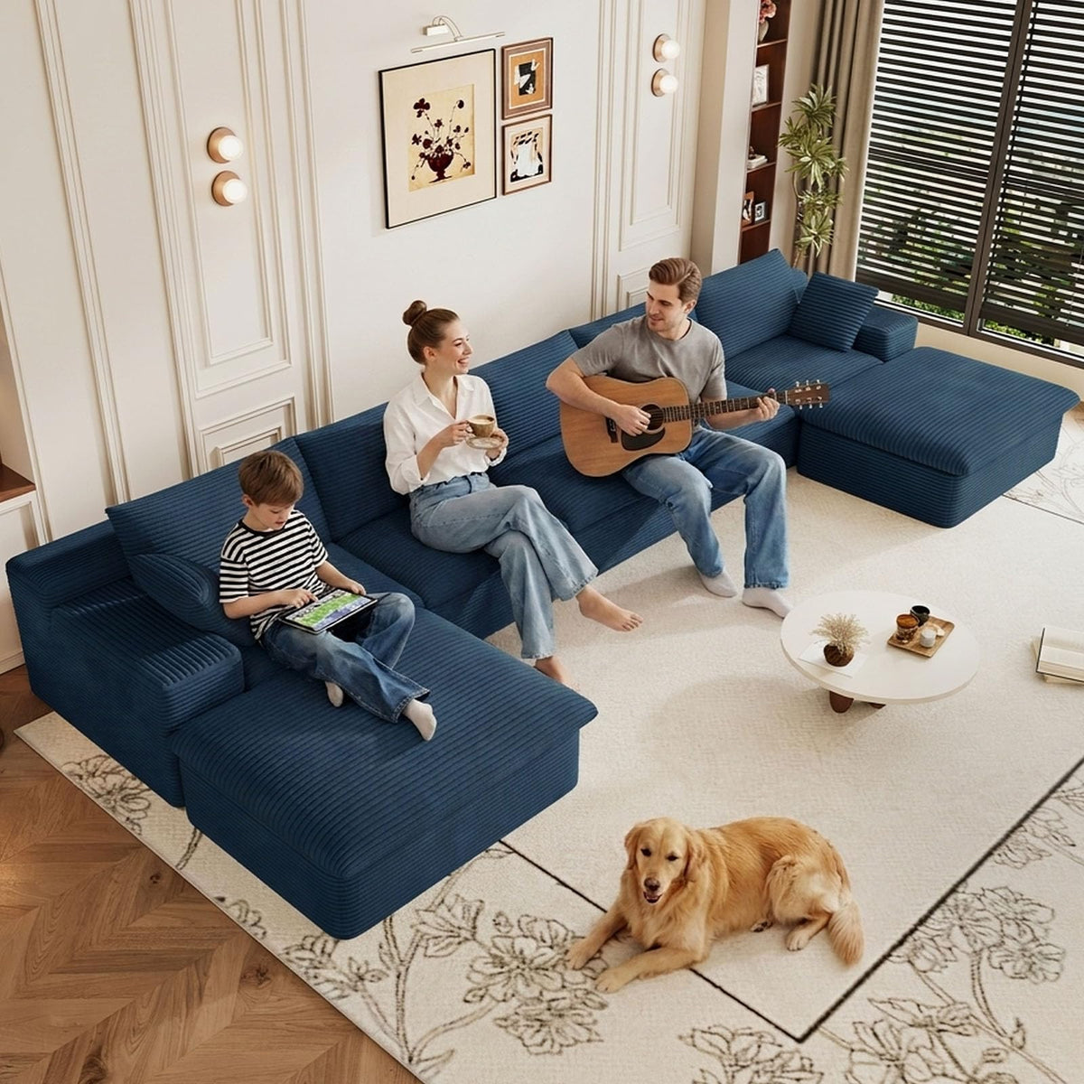107" Cloud Couch Modular Sectional Couchs with Chaise Lounge, U-Shape Boneless Couches with Ottoman for Living Room, Corduroy Sofa with Deep Seat, No Assembly Required (Green, Left Facing Chaise)