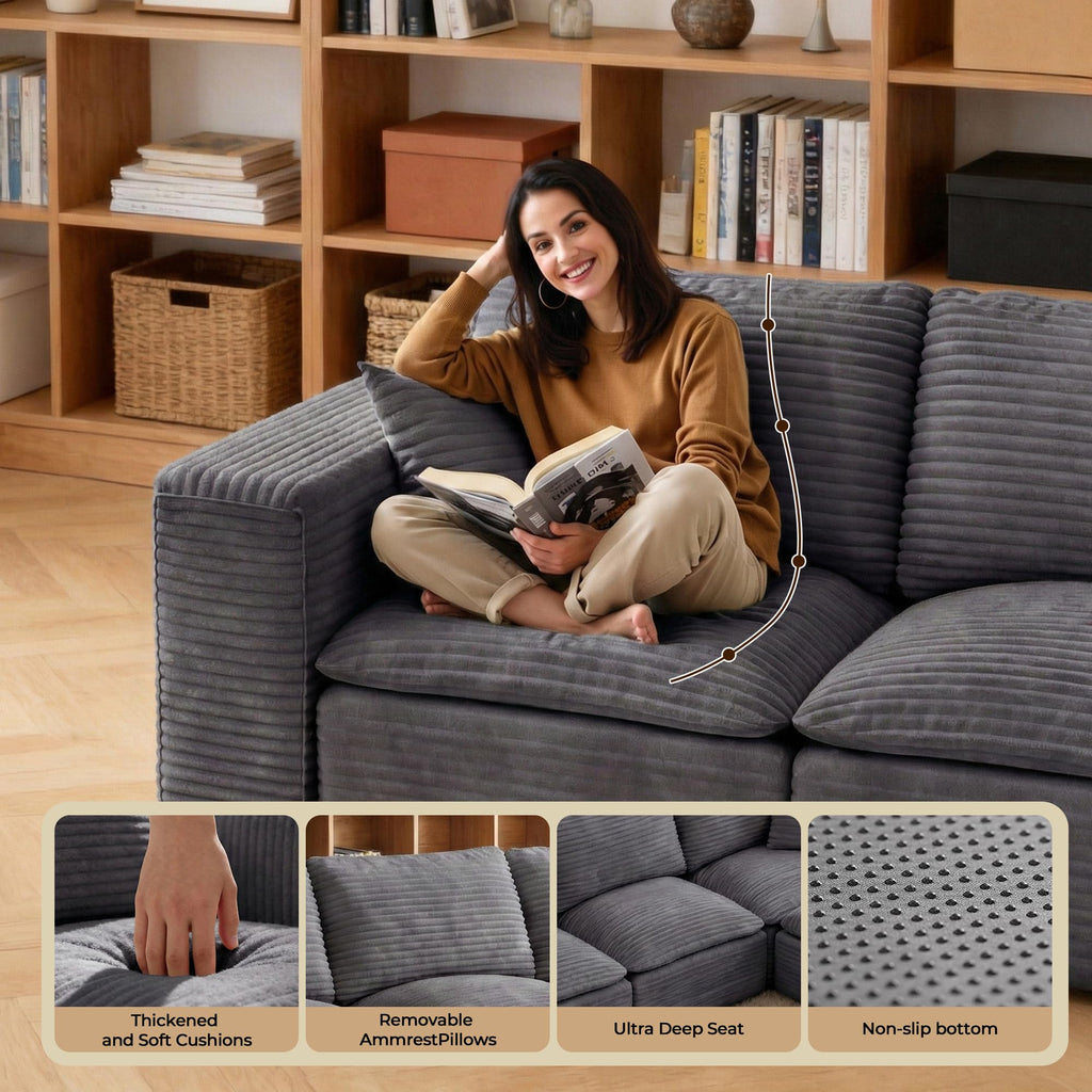 108" Cloud Sectional Sofa, L-Shape Modular Couch with Chaise & Ottoman, Corduroy Fabric, Oversized Deep Seat Sofa, Interchangeable Sections for Living Room or Offices