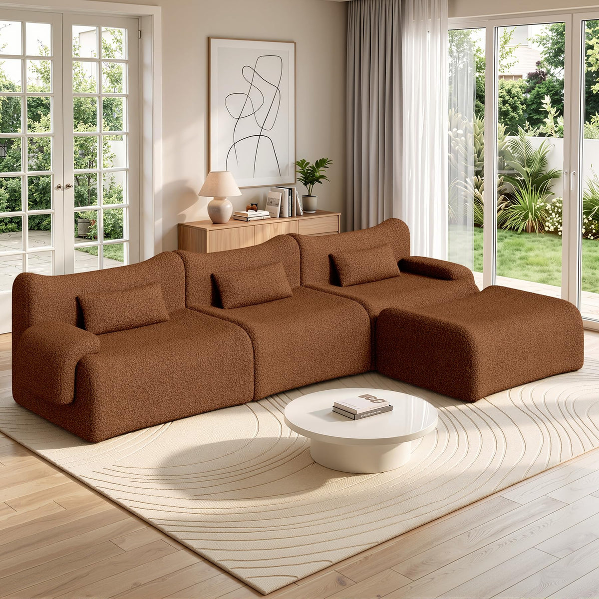 126" L Shaped Boneless Couch, 4-Seat Modular Sectional Sofa with Ottoman, Teddy Fleece Upholstery, Deep Seat Cloud Couch, No Assembly Required,Brown