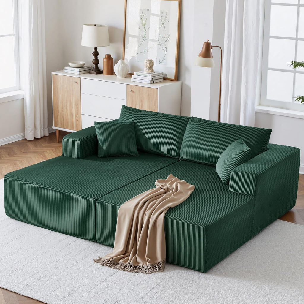 U-Shape Sectional Couch for Living Room,4 Seater Boneless Sofa Couch for Living Room Bedroom Apartments,146" Modular Sectional Corduroy Couch with Deep Seat,No Assembly Green
