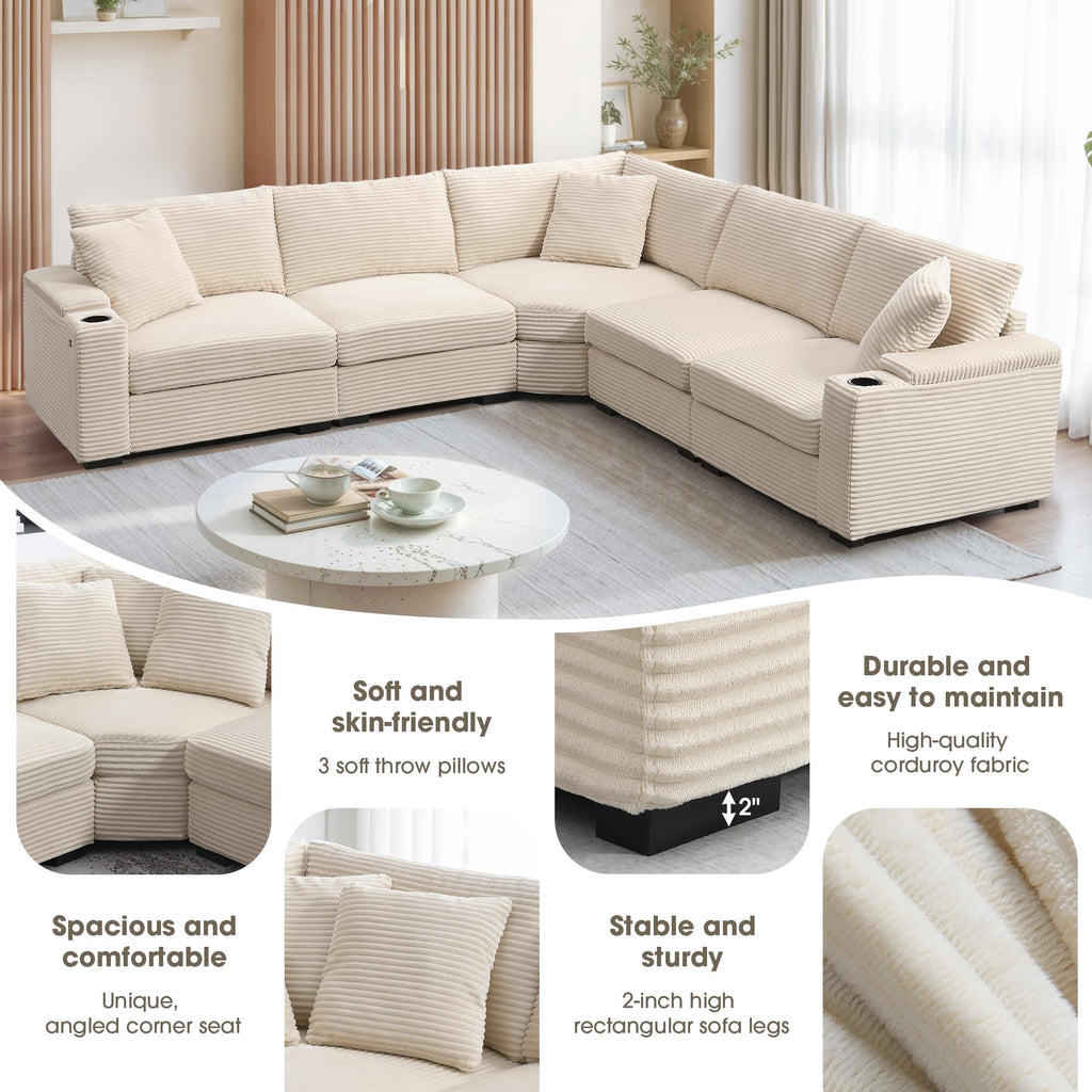 104" Convertible L-Shaped Sectional Sofa, Corduroy Corner Couch with Armrest Storage, Cup Holders, USB Charger, Irregular Corner, Oversized Comfy Modular Sofa for Living Room&Apartment，Beige