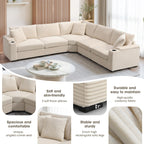 104" Convertible L-Shaped Sectional Sofa, Corduroy Corner Couch with Armrest Storage, Cup Holders, USB Charger, Irregular Corner, Oversized Comfy Modular Sofa for Living Room&Apartment，Beige