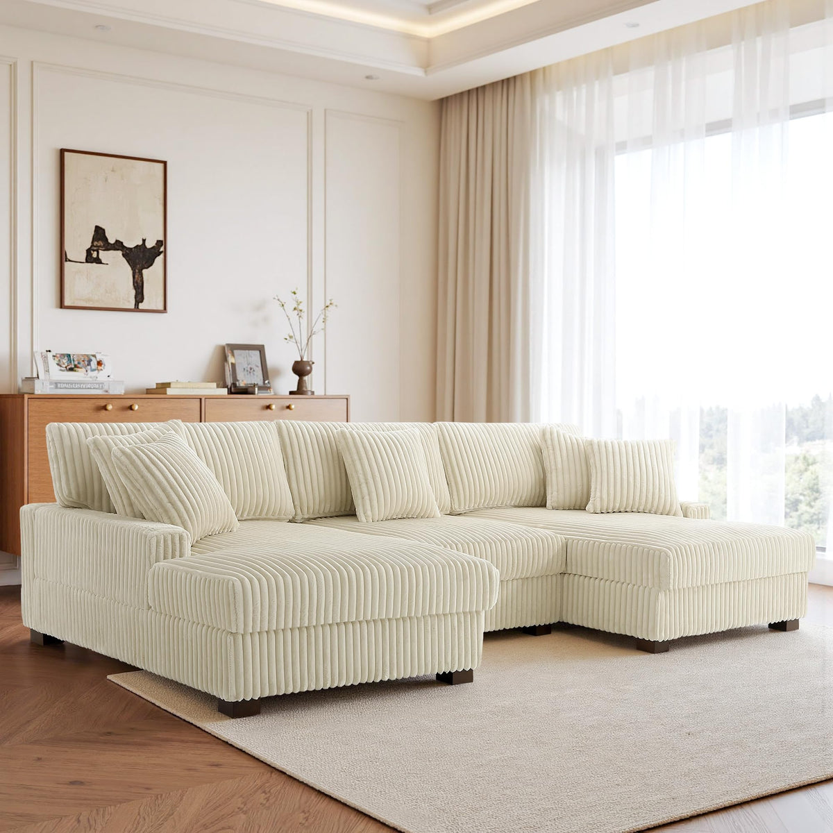 118.3" L-Shaped Modular Sectional Sofa with Chaise, Comfy Corduroy Fluffy Couch with Deep Seat, Flexible Module Combination for Living Room, Cotton Flannel Light Brown