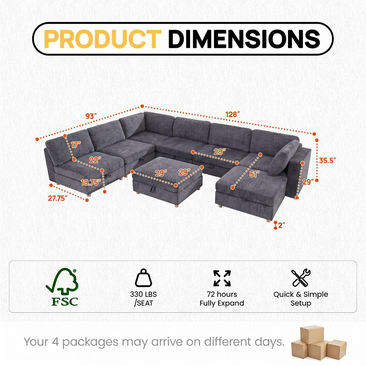 128'' Modular Sectional Sofa, 8 Seater Sectional Sofa,Chenille Modern Couch with Removable Covers, U Shaped Sofa Bed with Storage, L Shaped Cloud Couches with Ottoman, Grey Couches for Living Room