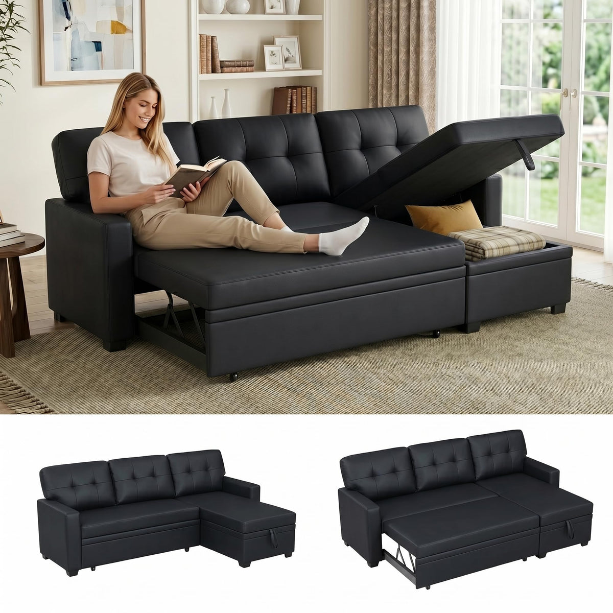 104.5" Sleeper Sectional Sofa Bed, L-Shaped Pull Out Couch