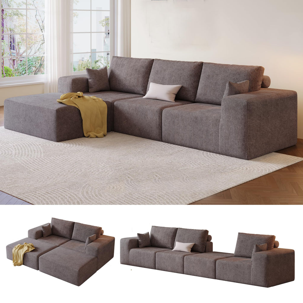 109" L-Shaped Corduroy Oversized Sectional Sofa w/Ottoman, Brown