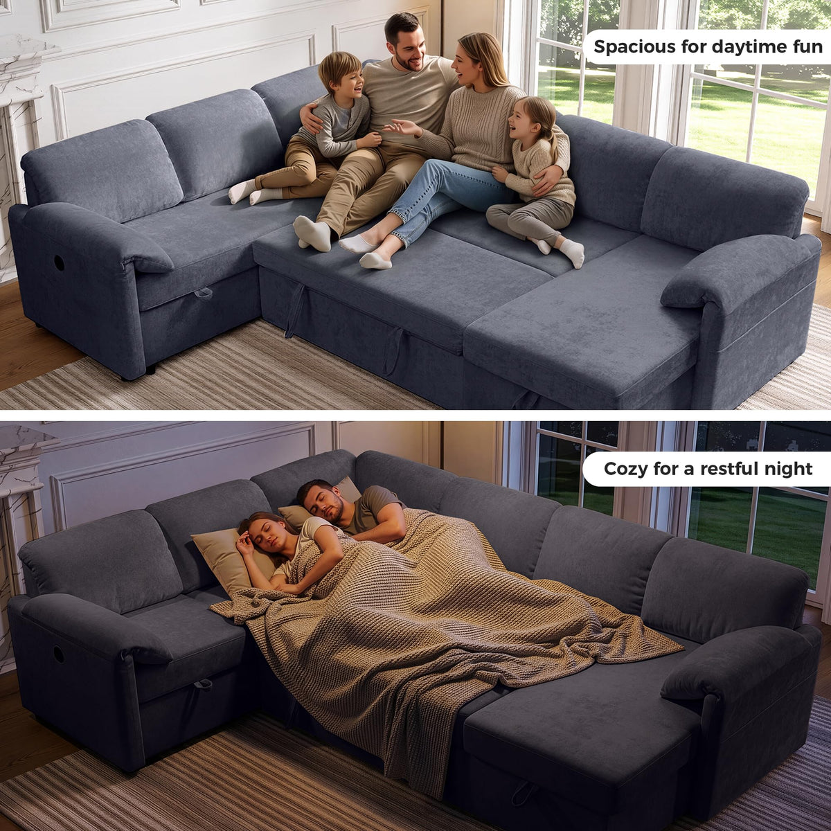 Tbfit 107" U-Shaped Sectional Sleeper Sofa, 7-Seat Sofa with USB & Storage Chaise for Family Rooms, Gray