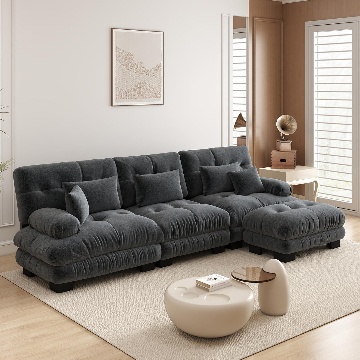 Velvet Modular Sectional Sofa,130" W Oversized U Shape Cloud Couch with 2 Ottomans,Free Combined 3 Seater Comfy Sofa with Bolster Armrest Pillows,Green for Living Room