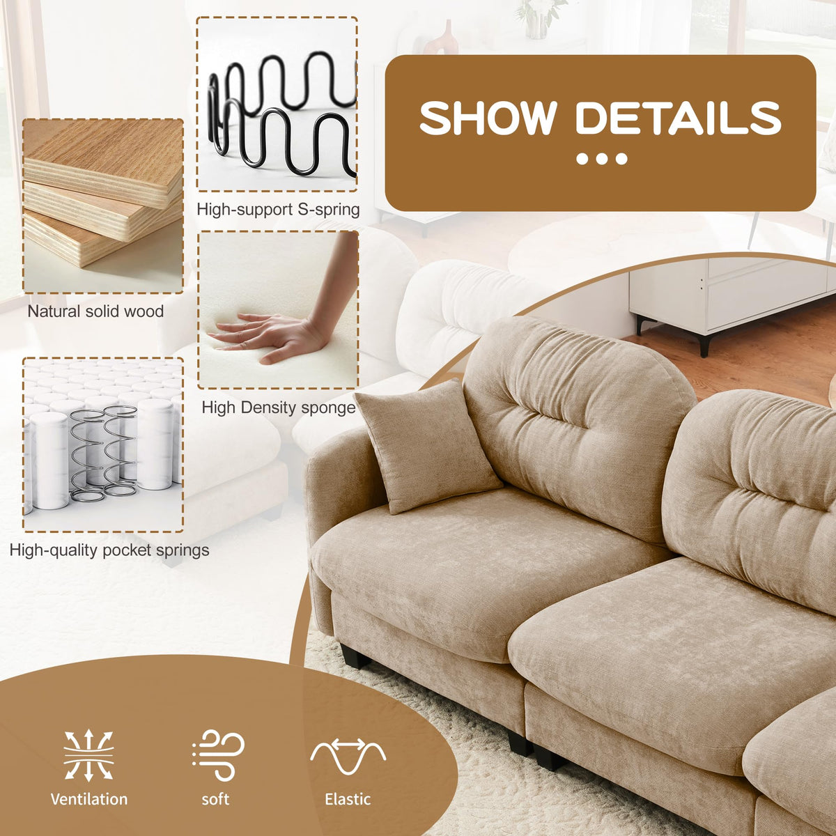 107" Modular Sectional Sofa, Comfy U Shaped Cloud Couch with Ottoman, Chenille Sofa Sleeper Deep Seat Sofas with Throw Pillows for Apartment-Camel