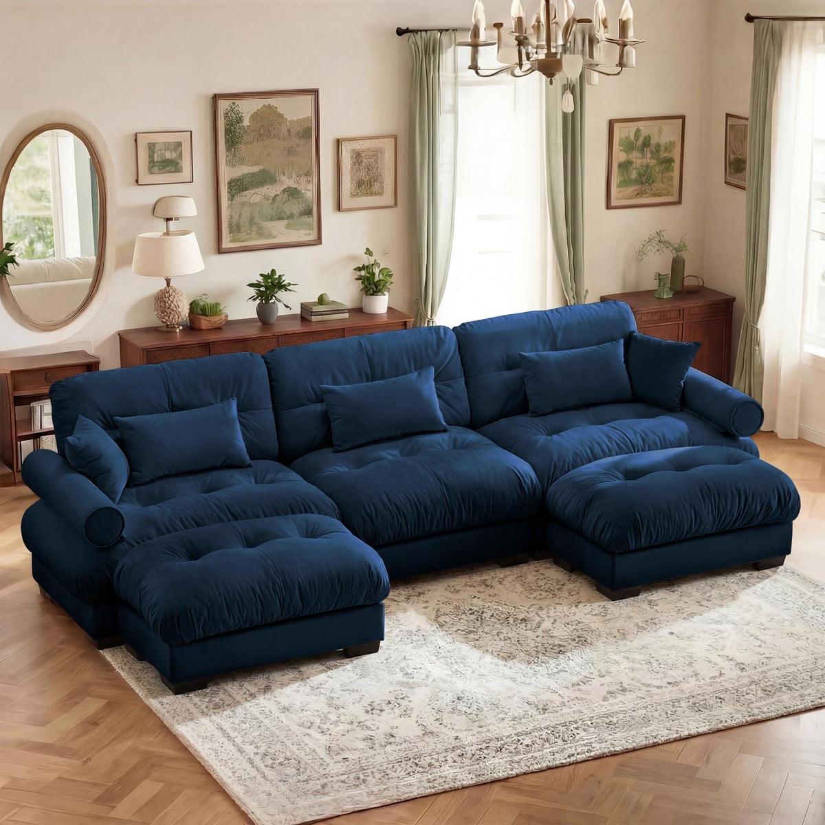 130" Cloud Couch, Oversized 3-Seater Couch with Ottomans and Pillows, Deep Seat L Shaped Sofa, Comfy Velvet Fluffy Sofas Modular Sectional Couches for Living Room (Blue, 3 Seat + 1 Ottoman)