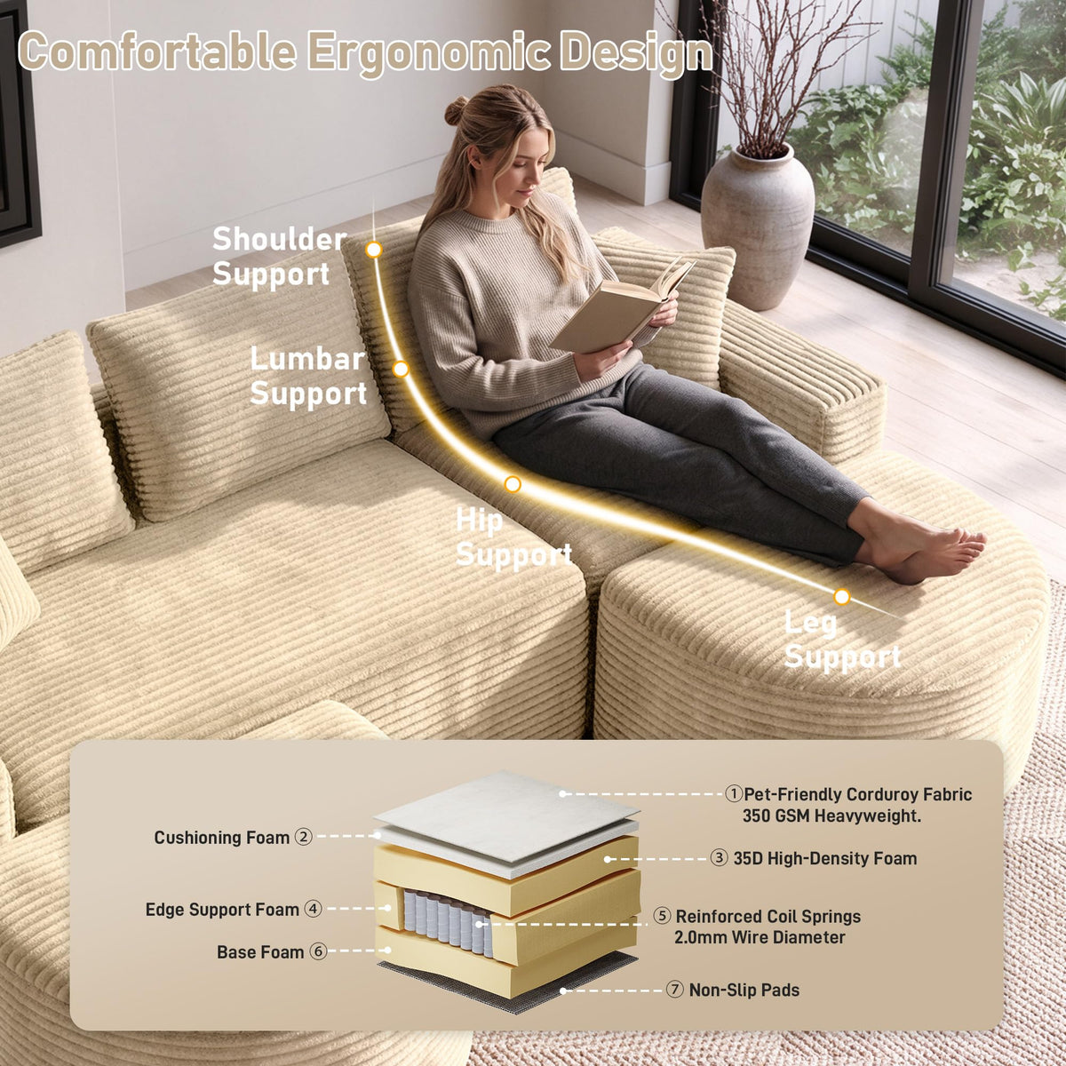 107" U-Shaped Modular Boneless Sectional Sofa with Curved 2 Ottomans, Camel