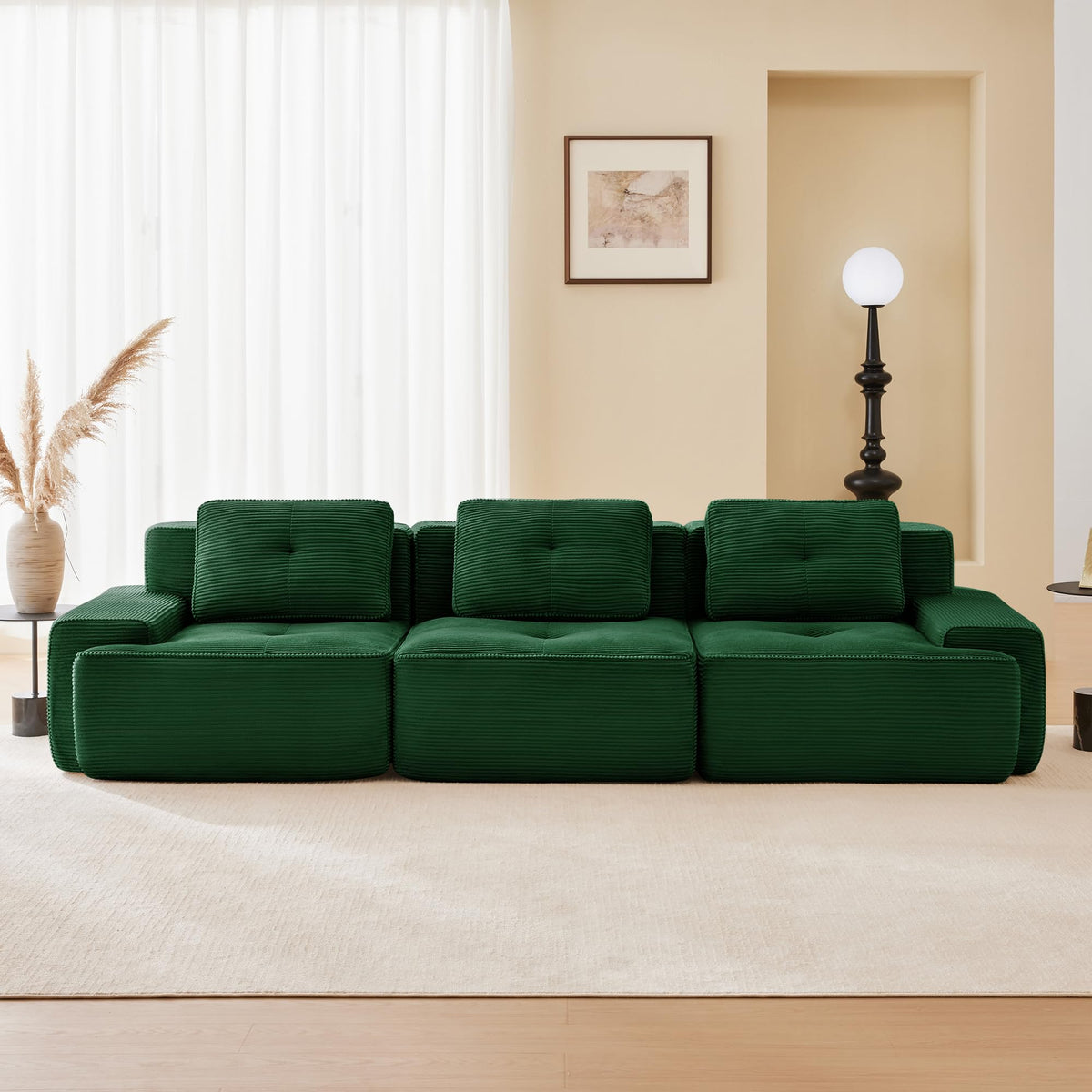 Tidyard 11? Modern Modular Sectional Sofa for Living Room, Corduroy Fabric 3-Seater Couch with Deep Seat, Tufted Design, No Assembly, Anti-Slip Base, Green