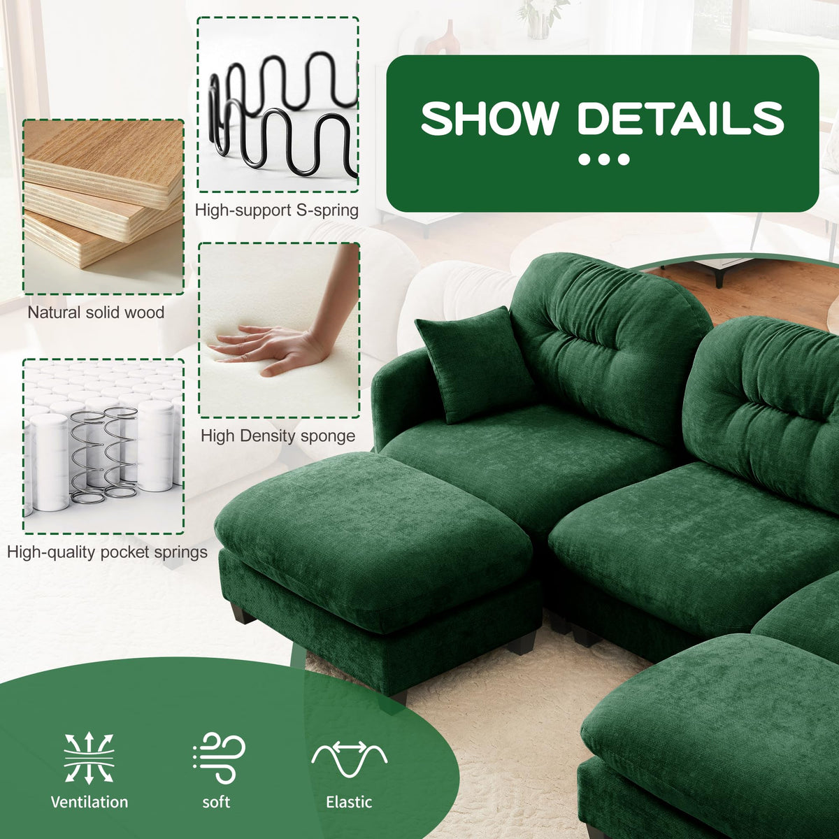 Tidyard Cloud-Like Modular Sectional Couch in Green - Plush Chenille Fabric, Tufted Backrest, High-Density Foam, Ergonomic Design with Throw Pillows & Ottoman for Bedroom or Living Room