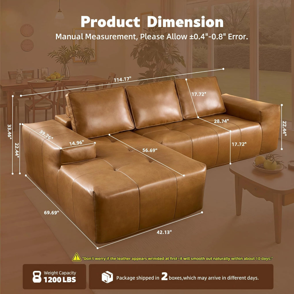 114" Brown Left Facing Sectional Couch with Chaise,Faux Leather Sectional Couch No Assembly Required,Boneless L Shaped Couch for Living Room