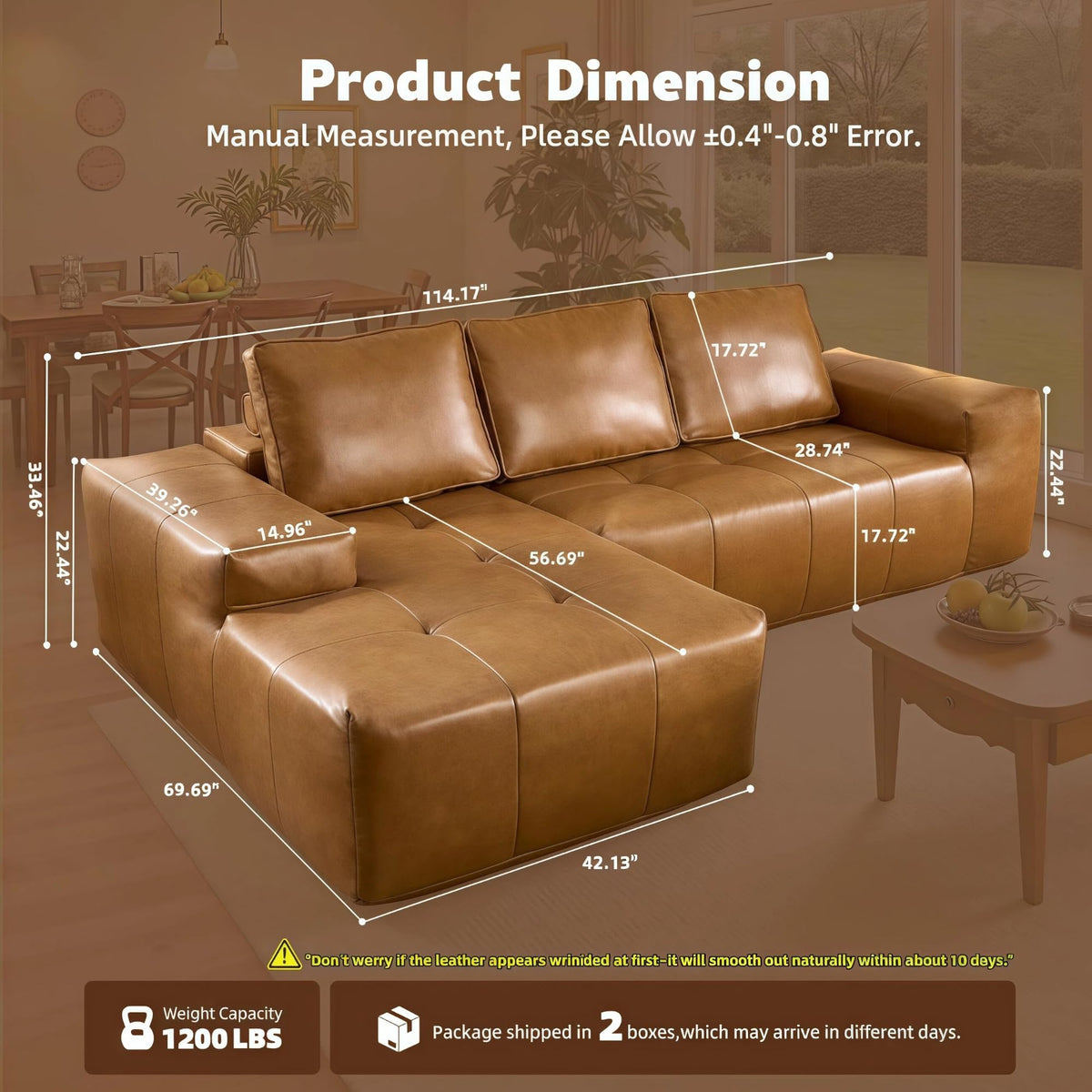 114" Brown Left Facing Sectional Couch with Chaise,Faux Leather Sectional Couch No Assembly Required,Boneless L Shaped Couch for Living Room