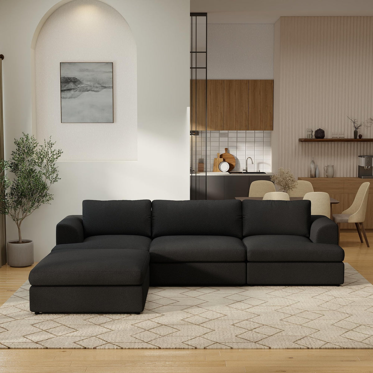 WJShome Modular Sectional Couches, V-Shaped Cloud Couch with Ottoman, High Density Sponge Cushion Sleeper Sofa Bed, Wooden Frame, Sherpa Fabric Sofa Furniture for Living Room, Apartment, White