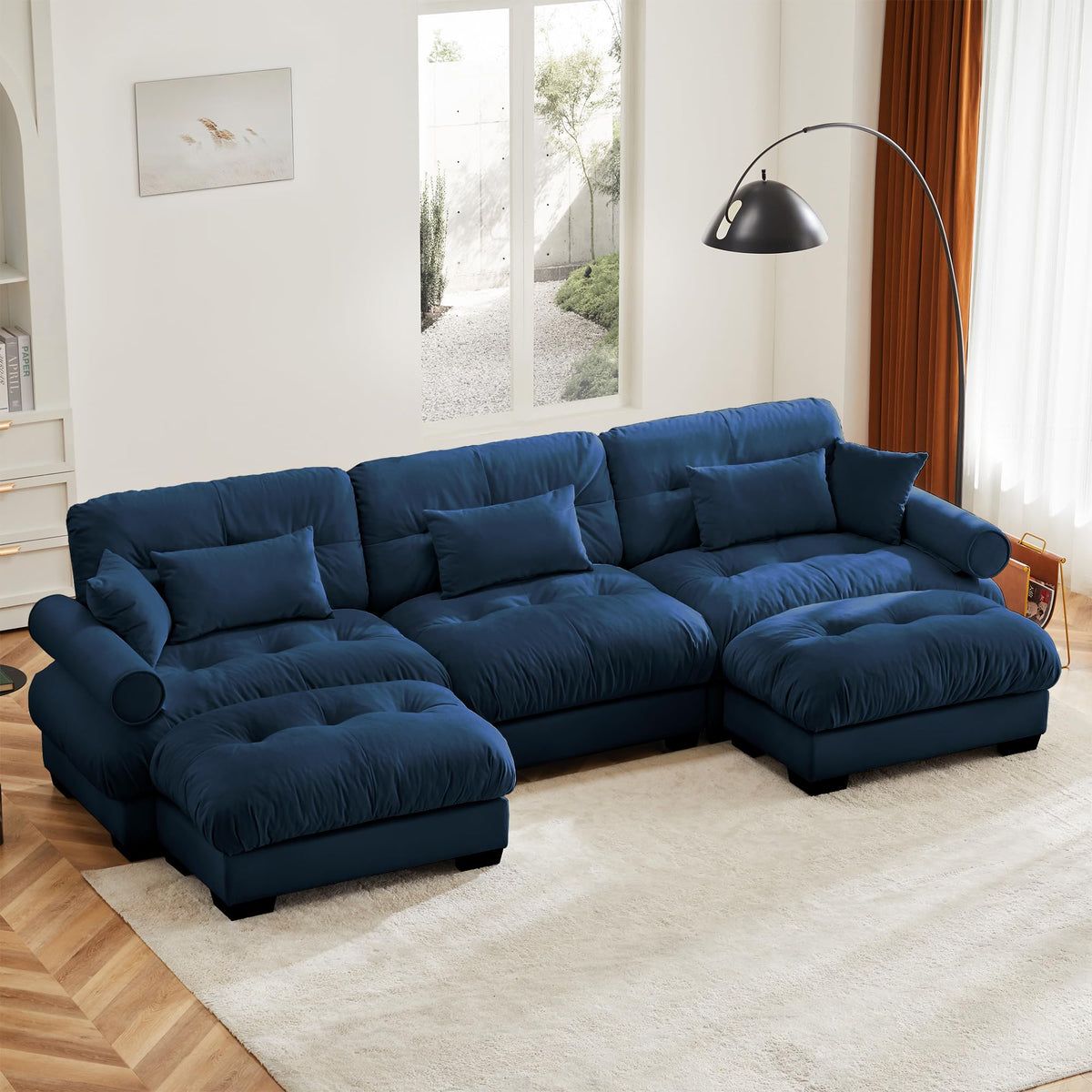 130" Modular Sectional Sofa,Velvet Upholstered Couches for Living Room,3 Seater Green Sofa Couch with Movable Ottoman,Big Comfy Loveseat Sofa with Deep Seats for Living Room,Apartment,Bedroom