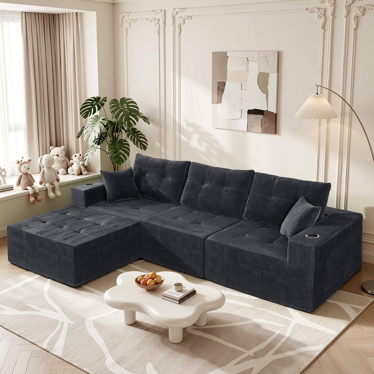113" Boneless Modular Sectional Sofa, L-Shape Couch, 4-Seat Gray Corduroy