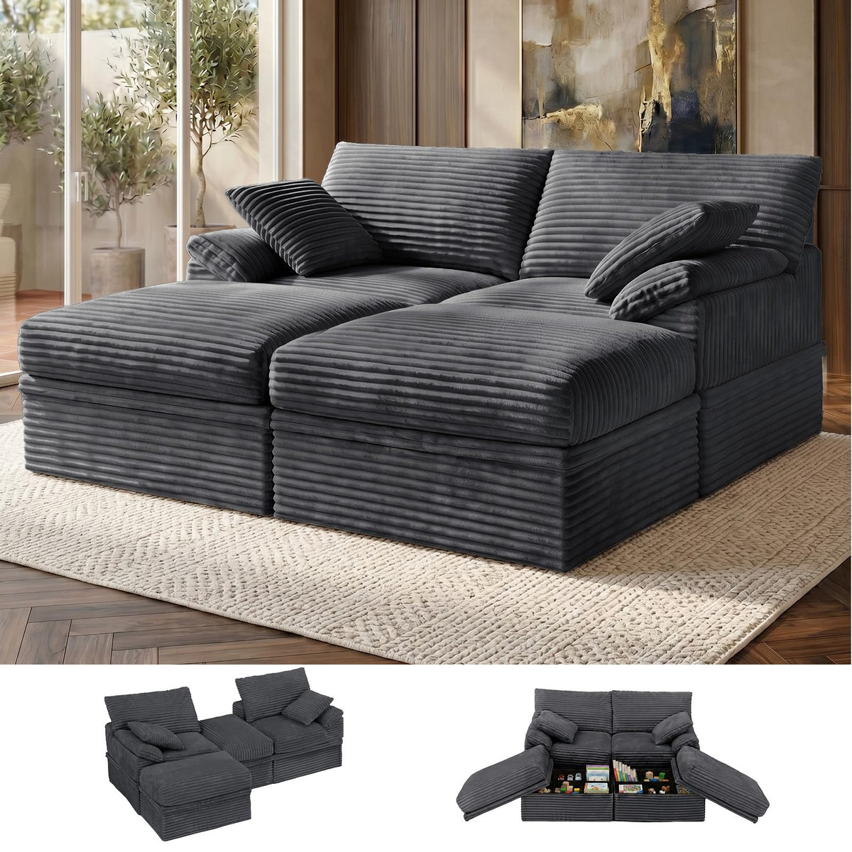 107'' Modular Sectional Sofa with Storage, L-Shaped Boneless Couch