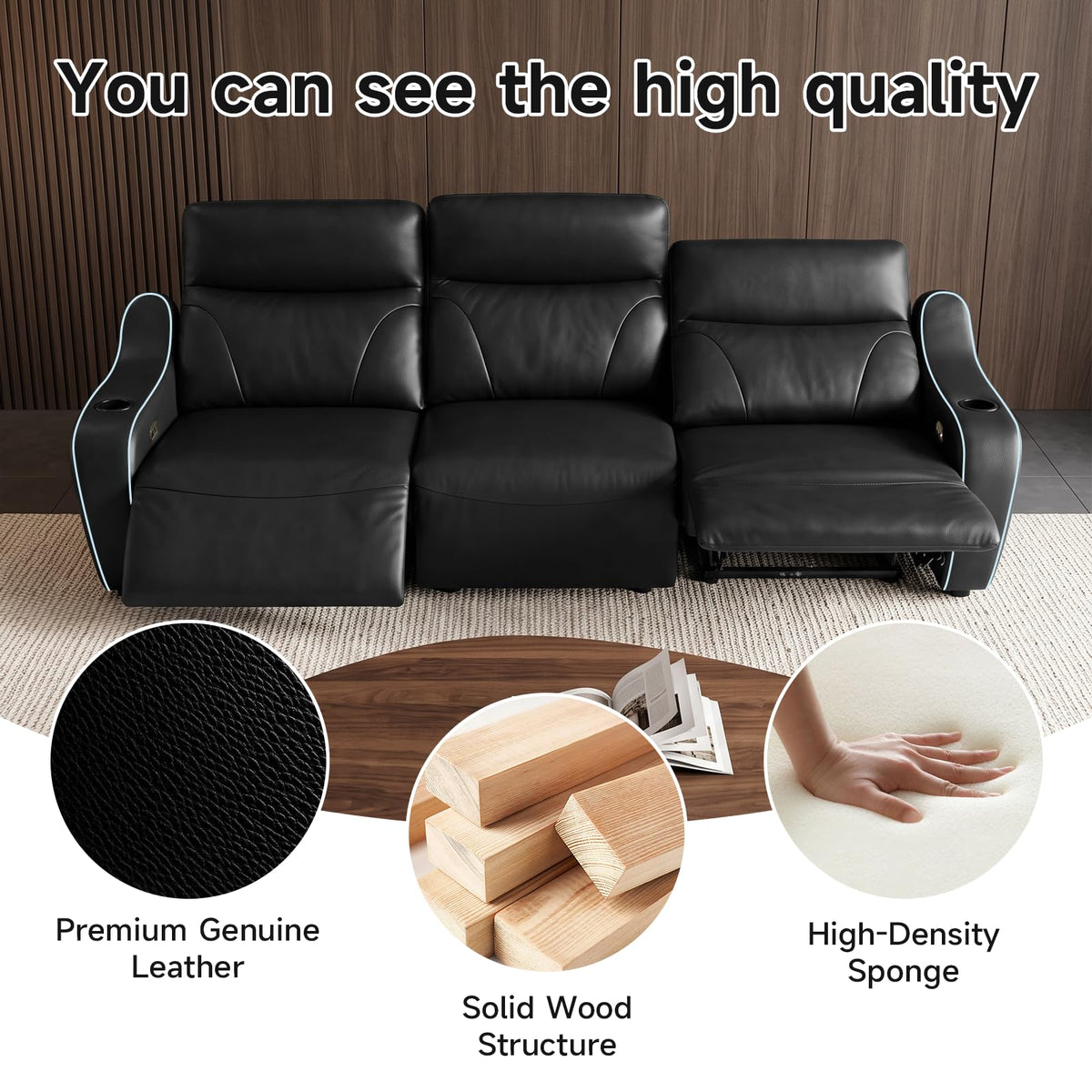 105"Genuine Leather Power Recliner Sofa with Massage, 3-Seater Zero Gravity Reclining Couch with USB Type-C Charging Ports, Cup Holders, LED Lights, Zero Wall Hugger Sofa for Living Room,Black