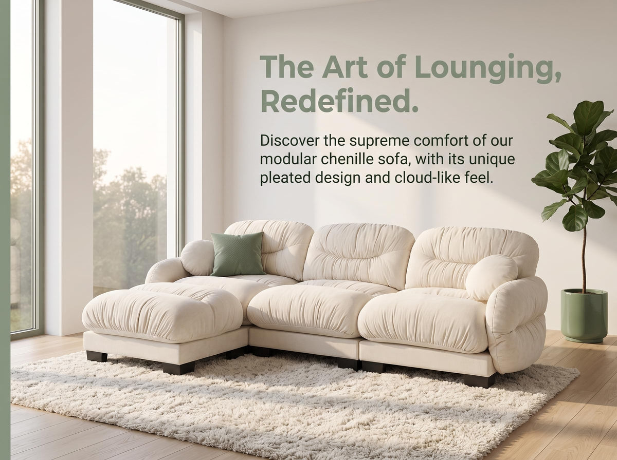 116" Cloud Modular Chenille L Shaped Sectional Sofa with Ottoman, Deep Seat Cloud Couch with Interlocking Metal Connectors for Modern Living Room (Beige, 3S+1O)