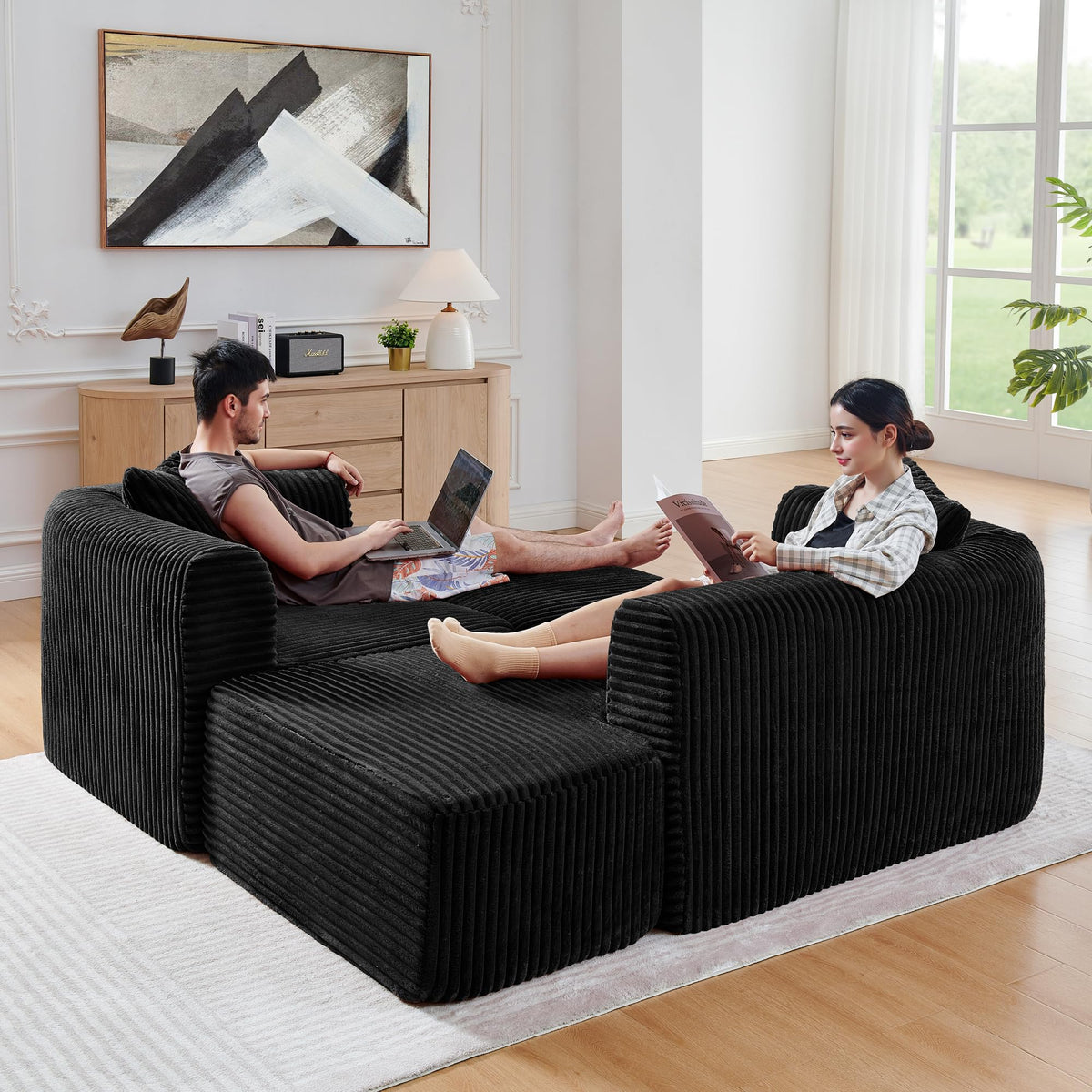 114" Cloud Sectional Couch with L Shape Chaise, Modular Sofa with Movable Ottoman, Upholstered Couches for Living Room Bedroom, No Assembly Required, Black