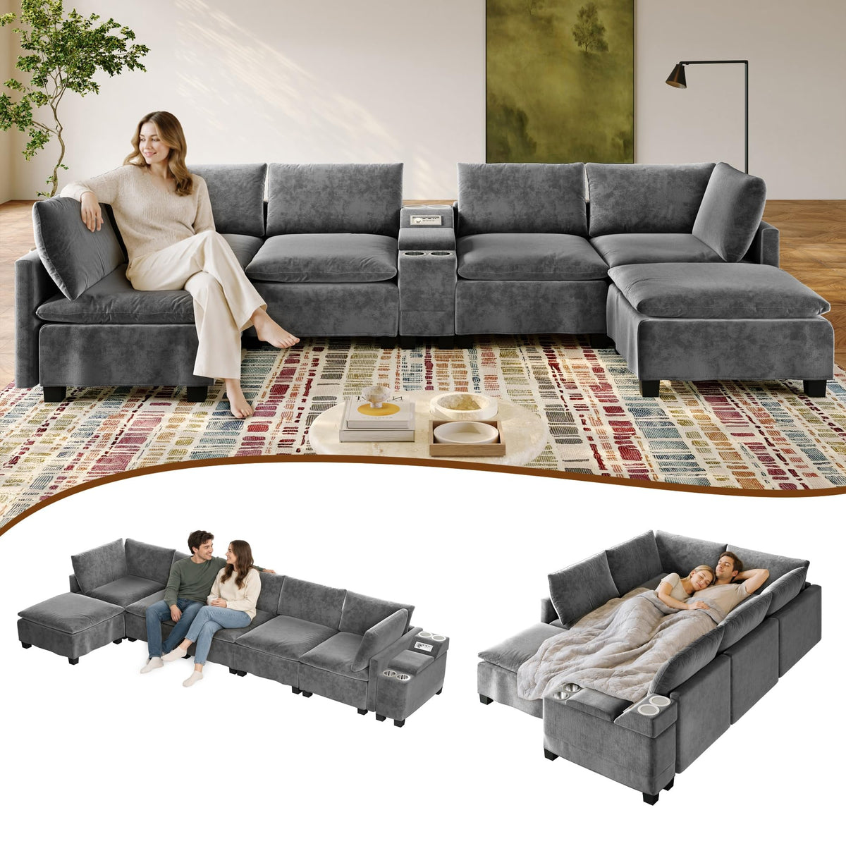 121.2" U Shaped Modular Sectional Sofa Couch for Living Room, Beige