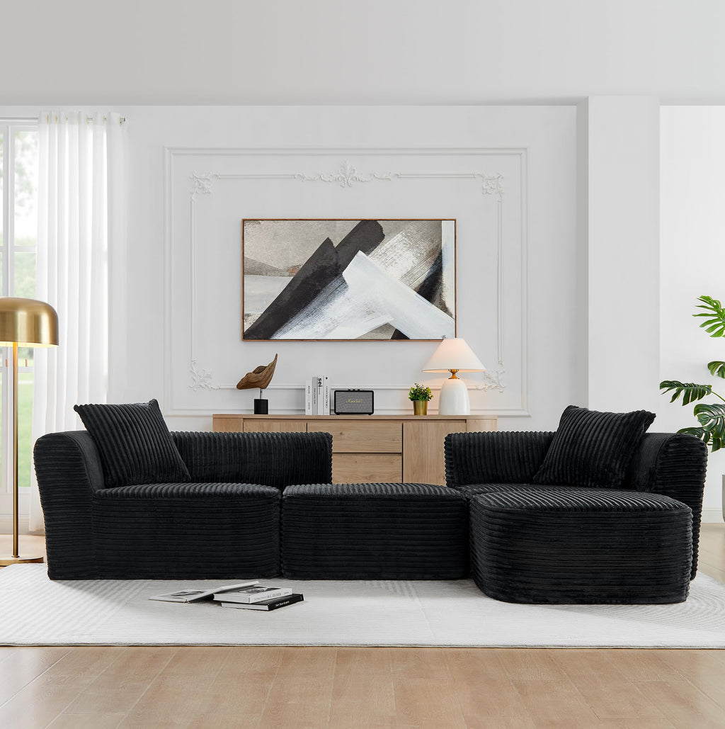 114" Cloud Sectional Couch with L Shape Chaise, Modular Sofa with Movable Ottoman, Upholstered Couches for Living Room Bedroom, No Assembly Required, Black