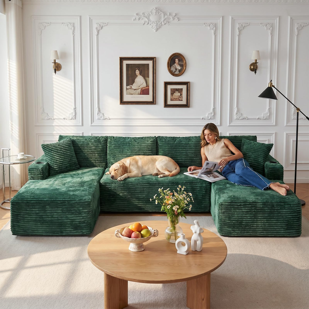 127" Cloud Couch Sectional U Shaped, Corduroy Modular Sofa with Chaise