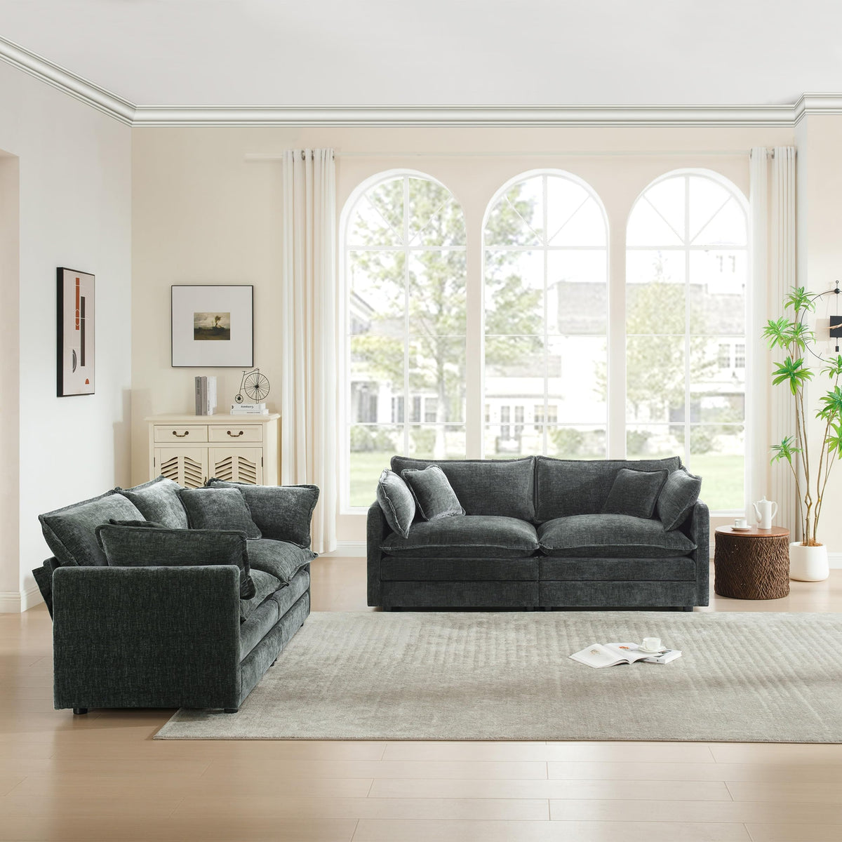 White Modular Sectional Sofa 3-Piece Set, Modern Deep Seat Chenille Couch, Loveseat, Single Sofa, Oversized Modular Couch for Living Room
