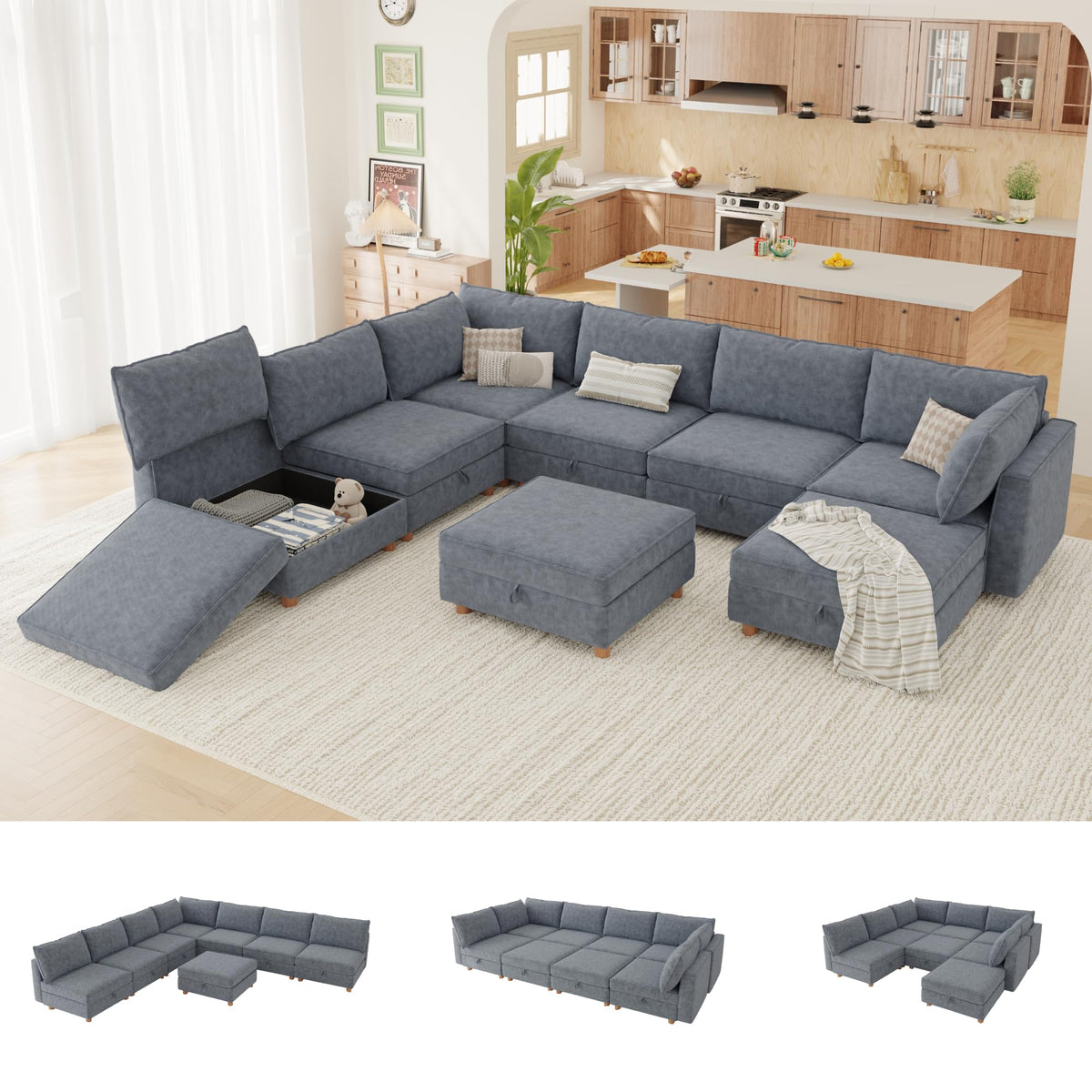 127'' Modular Sectional Sofa,FSC Certified 6 Seater Sectional Sofa,Chenille Couch with Removable Washable Covers,Modern Couch with Ottoman,U Shaped Couch with Storage,Beige Couches for Living Room