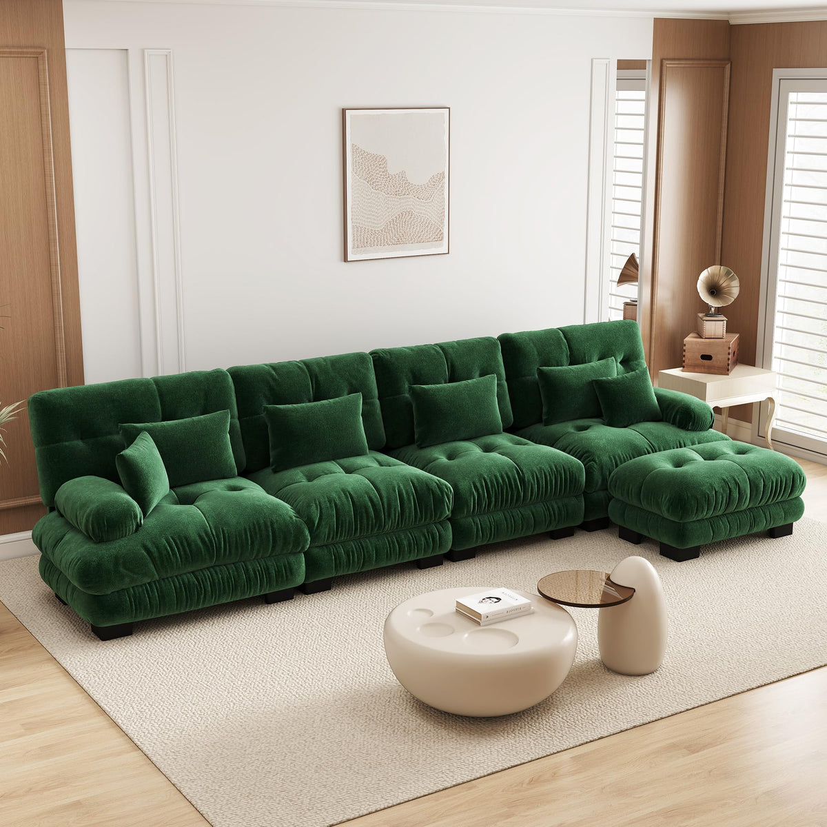 Velvet Modular Sectional Sofa,130" W Oversized U Shape Cloud Couch with 2 Ottomans,Free Combined 3 Seater Comfy Sofa with Bolster Armrest Pillows,Green for Living Room